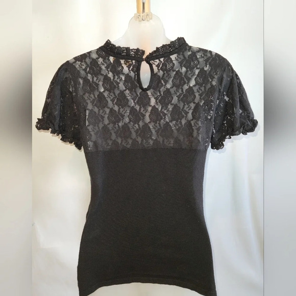 Vintage  Melanie Lyne Black Lace short sleeves Medium - Picture 4 of 7